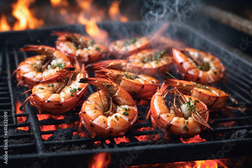 brindle, king prawns on the grill grate with flames.