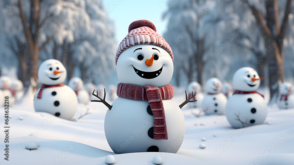 3d render of cute snowman in winter forest with snowflakes 3d render of cute snowman in winter forest with snowflakes