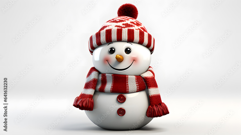 3d render of cute snowman in winter forest with snowflakes