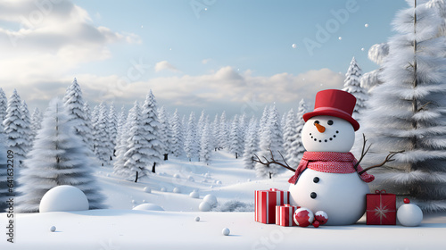 3d render of cute snowman in winter forest with snowflakes © wcirco