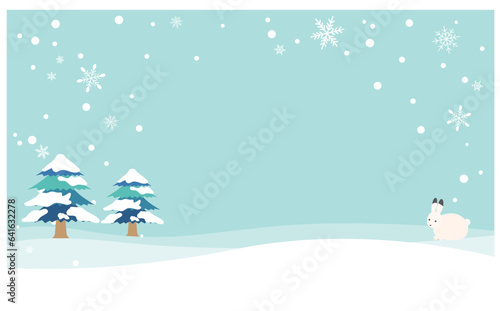 雪うさぎと雪の積もった針葉樹の背景フレームイラスト