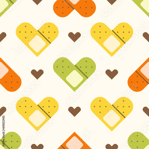 Flat cute seamless pattern of medical plaster with hearts. Blood donation print design in doodle style..