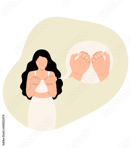 A woman looking at her nails. fungal nail infection on damaged nails.
