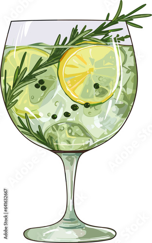 Classic alcoholic cocktail gin and tonic in glass. Refreshing drink with lime orange and ice. Vector