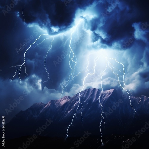 Dark dramatic stormy night sky with lightning bolts. Night mountain landscape. Flashes of light from thunder and lightning. 3D illustration