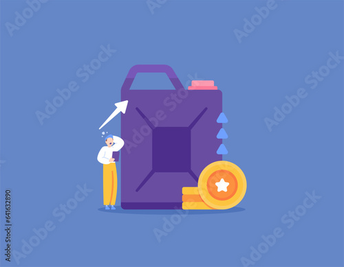 Price of fuel jumps up. The increase in the price of crude oil in the world. A man stands up, big jerrycan, coins. The fuel crises. Problems and inflation. Flat and Minimalist Illustration Design