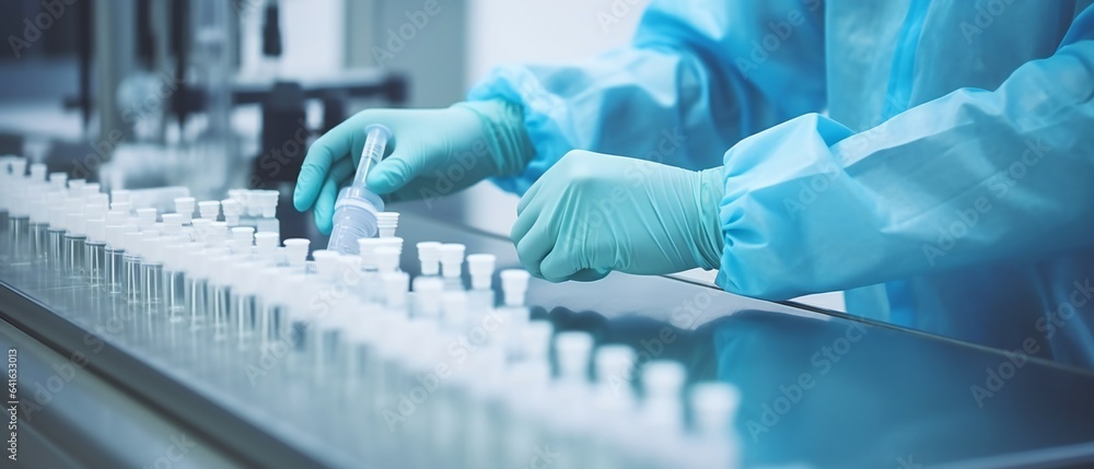 Hand with Sanitary Gloves Checking Medical Vials on Production Hand with Sanitary Gloves Checking Medical Vials on Production