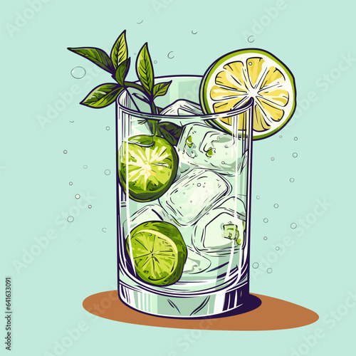 Classic alcoholic cocktail gin and tonic in glass. Refreshing drink with lime orange and ice. Vector