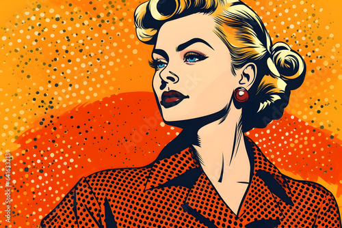 Retro post-card in pop-art style featuring a beautiful young lady in warm autumn colors. Generative AI