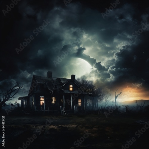 Dark atmospheric horror background. Haunted house. Dramatic sky, old, abandoned house, light in the windows. 3D illustration