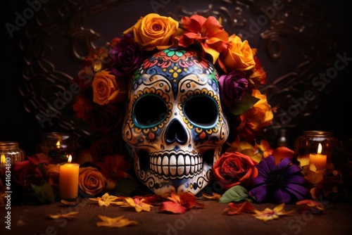 Stampa su tela Day of the Dead Sugar Skull and Ofrenda Amidst Flowers and Lights