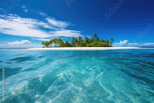 Small tropical island with palm trees in the middle of an ocean in daylight. Paradise and sea horizon. © DenisNata