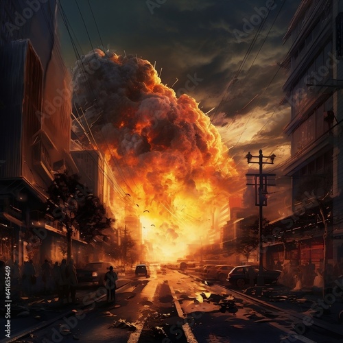 illustration painting of the moment the city was hit by a nuclear bomb, digital painting