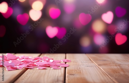 Empty wooden table, pink heart-shaped bokeh background, Generative AI