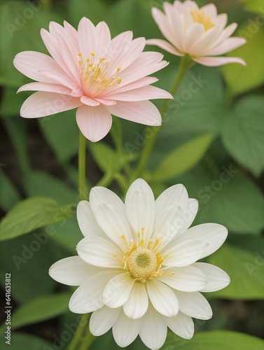 White and pink flower in the garden with green leaf background. 