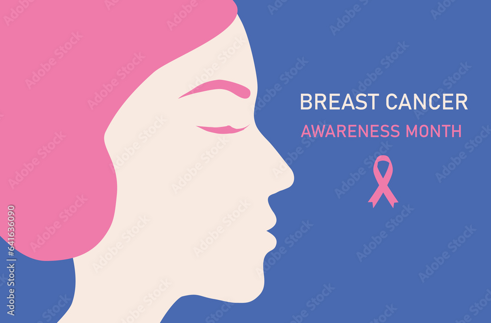 Breast cancer awareness for love and support. Beautiful young women touching her breast with pink ribbon brooch vector illustration. Breast cancer concept background