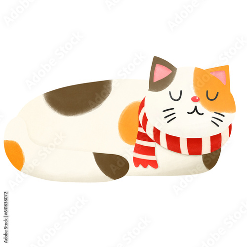 hand drawn cute cat wear orange scarf png illustration , winter concept isolated background photo