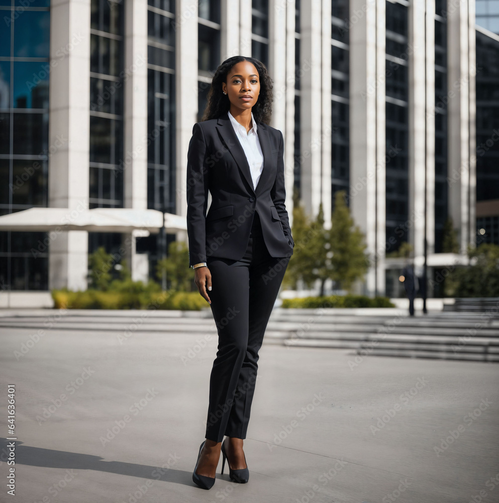 photo of smart african woman with black business suit at big modern city, generative AI photo of smart african woman with black business suit at big modern city, generative AI