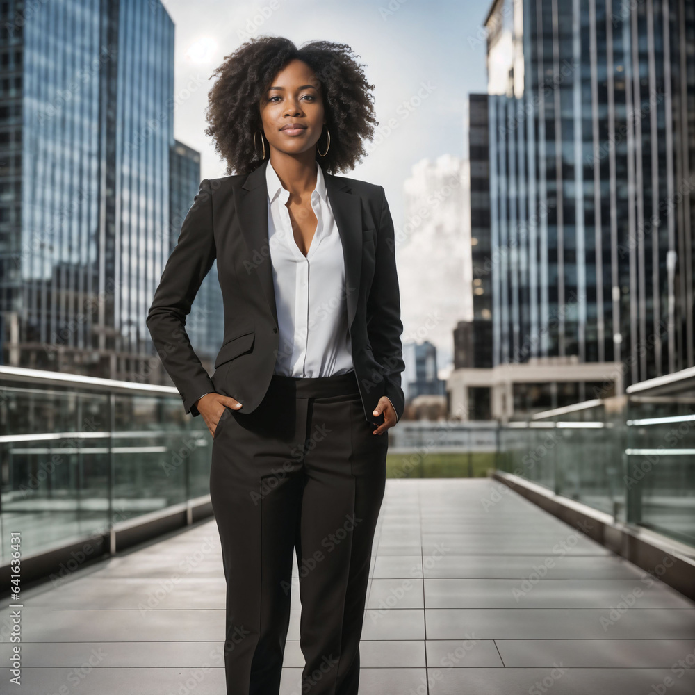 photo of smart african woman with black business suit at big modern city, generative AI photo of smart african woman with black business suit at big modern city, generative AI