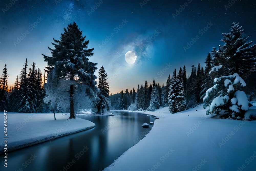 Snow covered trees at night with a moonlit sky.