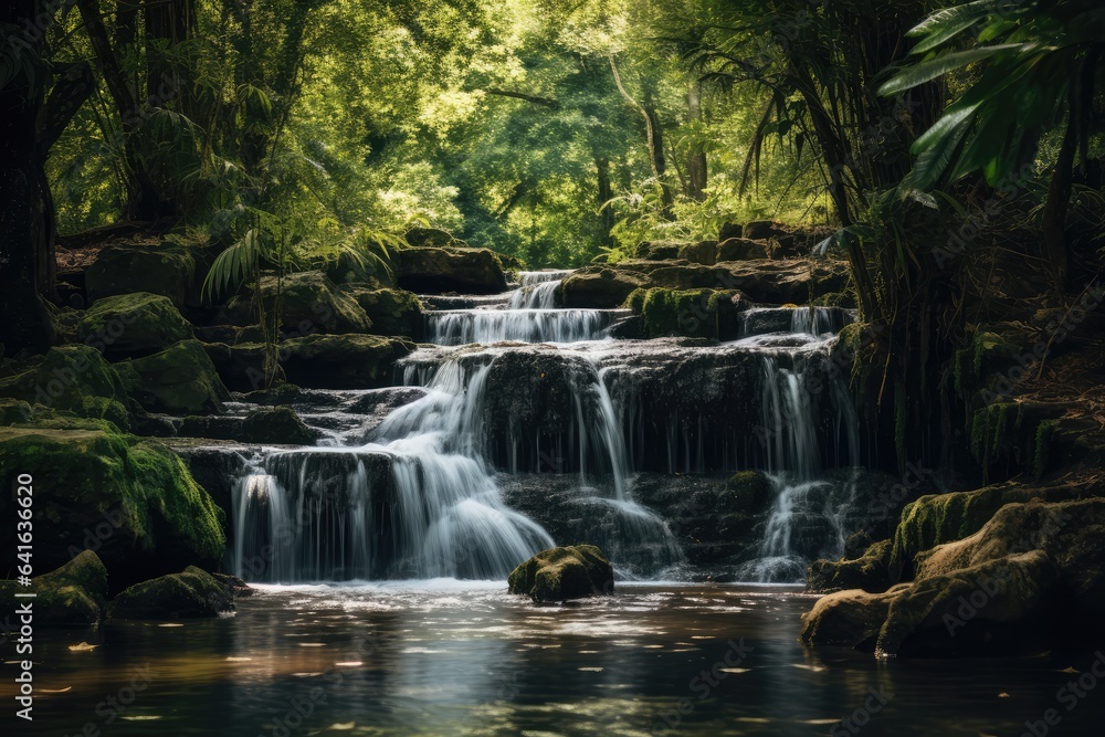 Waterfall in a lush, green forest - Natural Beauty - AI Generated