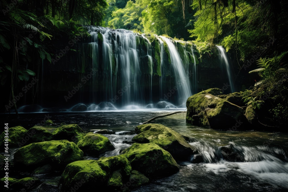 Waterfall in a lush, green forest - Natural Beauty - AI Generated