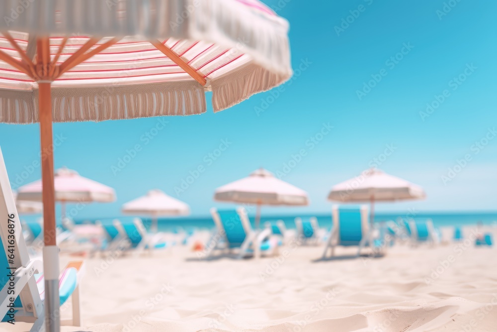 Sunny Beach with Parasols - Summer Vacation Retreat with Sun Umbrellas - Relaxing Hollyday Soft Focus Background - AI Generated