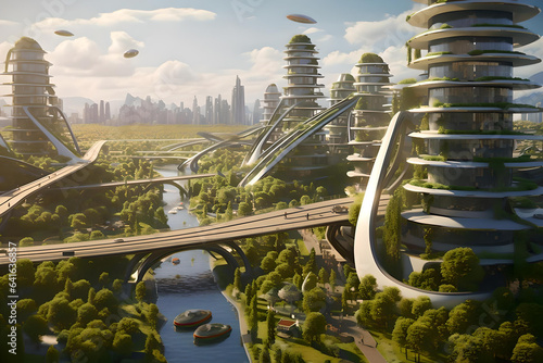 A utopian cityscape with sustainable architecture, green spaces, and flying taxis.