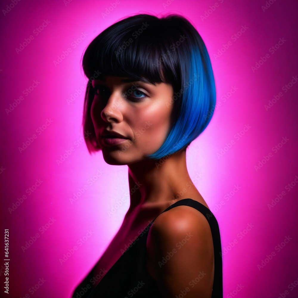 photo of beautiful woman with short hair and mixed pink neon light, generative AI photo of beautiful woman with short hair and mixed pink neon light, generative AI