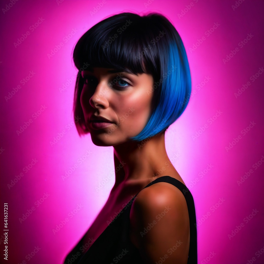 photo of beautiful woman with short hair and mixed pink neon light, generative AI