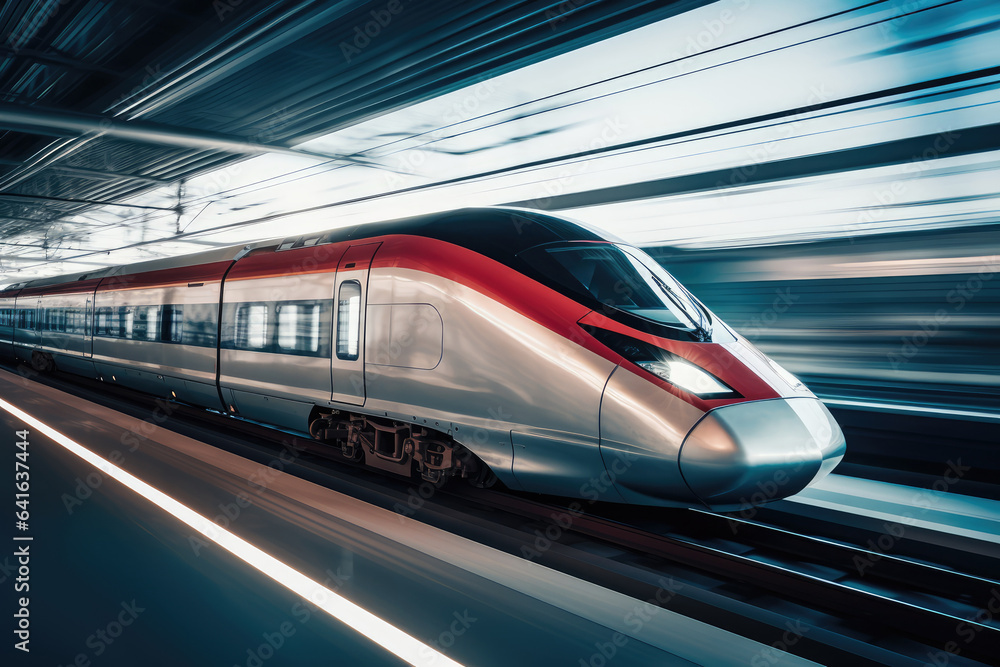 Fototapeta premium High-Speed Train - Future Tracvel - Blurred Background, Fast Motion - AI Generated