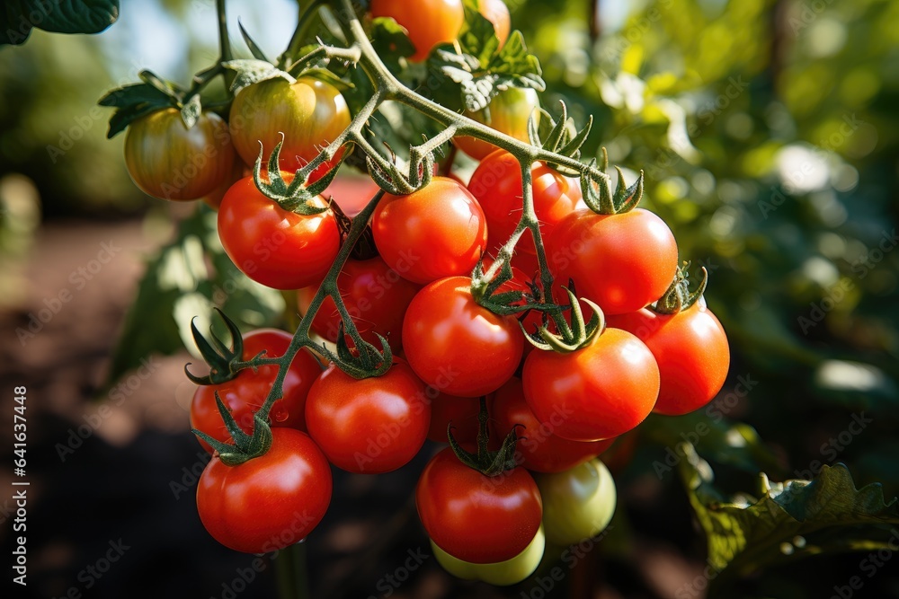 Perfect ripe branch of tomatoes grow in greenhouse or organic vegetable garden.  Blurred green background.