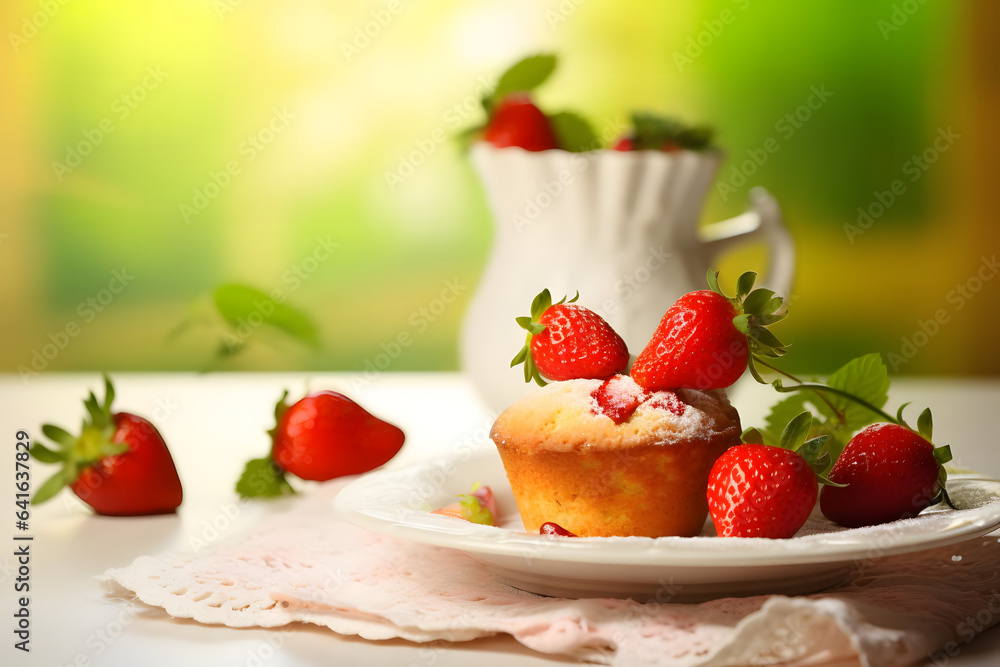 Strawberry Shortcake Muffin, a luscious fusion of juicy strawberries and tender shortcake, in a liner Strawberry Shortcake Muffin, a luscious fusion of juicy strawberries and tender shortcake, in a liner