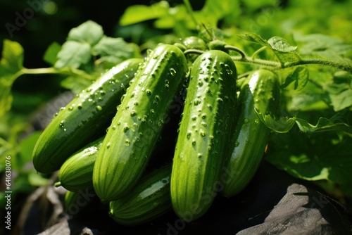 Perfect ripe cucumbers grow in greenhouse or organic vegetable garden.  Blurred green background.