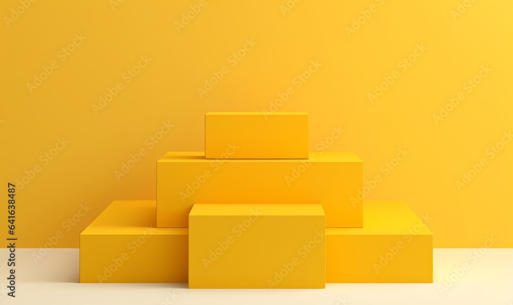 Yellow podium 3d cube stand abstract stage platform or product studio geometric shape on minimal background and blank pedestal display scene space with empty presentation summer sale, Generative AI - obrazy, fototapety, plakaty 