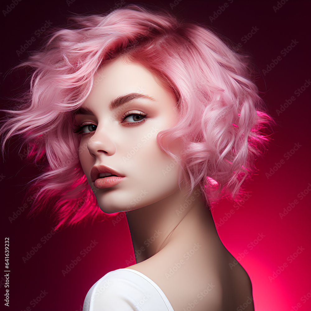 Fototapeta premium Portrait of a pretty Caucasian girl with pink hair on a pink background.