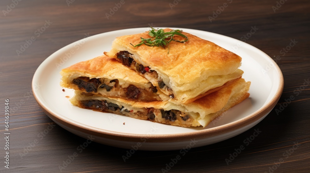 Martabak in a plate on white background Martabak in a plate on white background