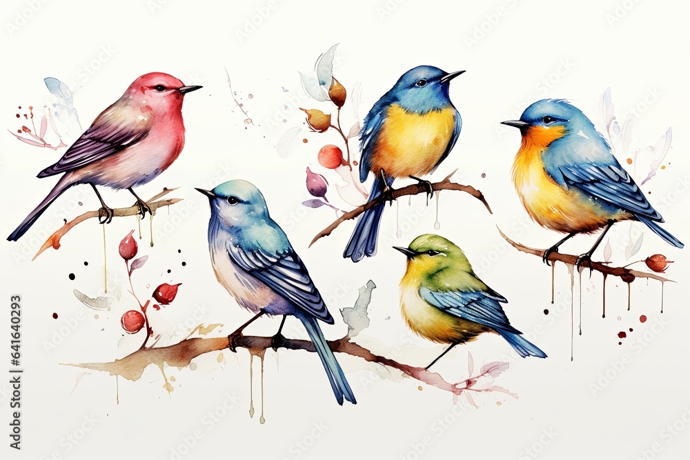 Watercolor birds. vintage set, Generative AI