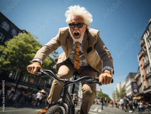 old man riding a bike in a city