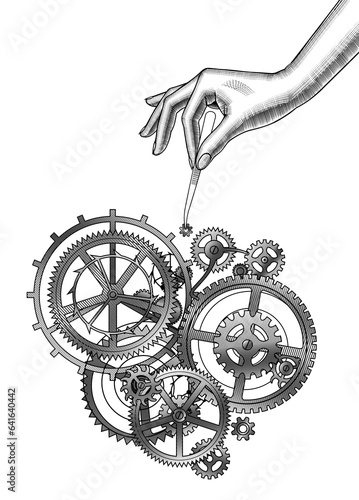 A woman's hand with tweezers inserts gears into a clockwork. Vintage stylized drawing of a mechanism. Vector illustration