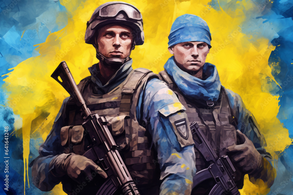 illustration of two heroes Ukrainian soldiers. Cutting-Edge Technology, Defense, Security