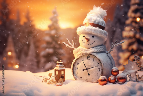 Snowman with clock and lantern in winter forest. Christmas background.