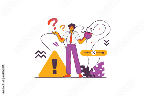 Concept connection interrupted with people scene in the flat cartoon style. The man is trying to find a malfunction in work equipment that caused communication to be interrupted. Vector illustration.