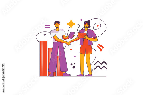 Deal concept with people scene in the flat cartoon style. A businessman and a businesswoman conclude agreements and sign a contract on joint cooperation. Vector illustration.