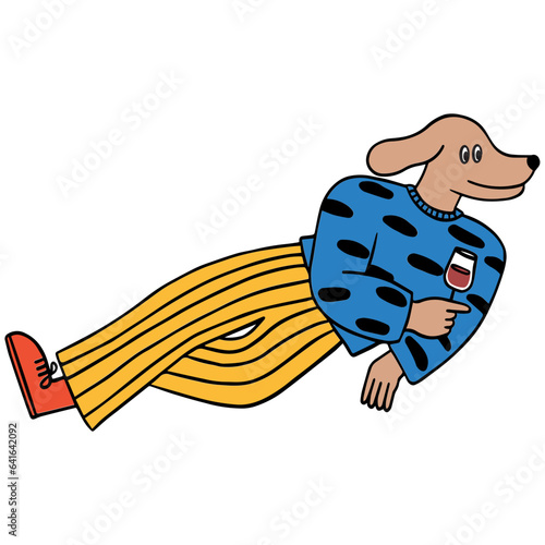 Dog character with wine glass line filled illustration