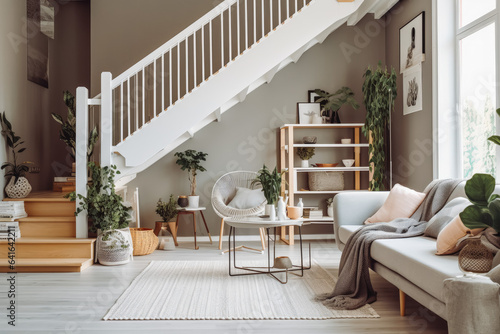 Small cozy living room with staircase, scandinavian interior design, beautiful living space