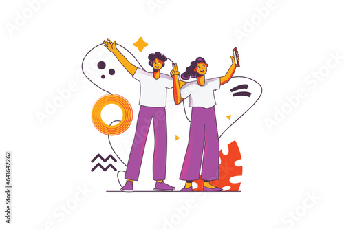 Happy people concept with people scene in the flat cartoon style. Friends met together, take pictures and have fun. Vector illustration.