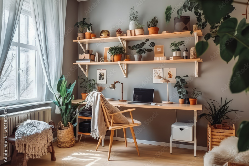 Modern interior design of a small apartment home office room with many plants