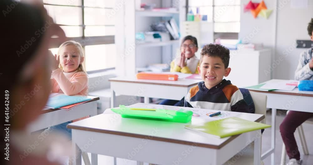 Education, applause or students in a classroom, smile or knowledge with success, lessons or celebration. Growth, children or kids with inspiration, clapping or excited with achievement or solution Education, applause or students in a classroom, smile or knowledge with success, lessons or celebration. Growth, children or kids with inspiration, clapping or excited with achievement or solution