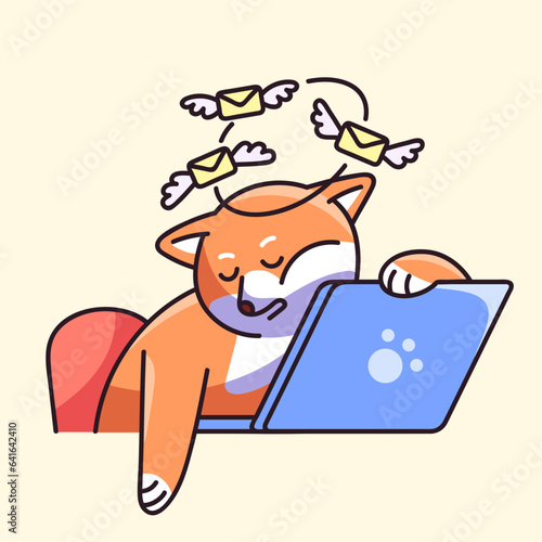 Dog sleep on laptop concept. Cute Shiba tired of answering mails, reply messages. Worker rests on freelance, puppy relaxes on pause, procrastination on online work. Flat isolated vector illustration
